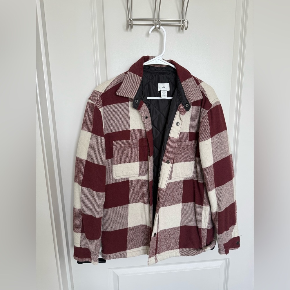 H&M Burgundy and Cream Checkered Shirt Jacket